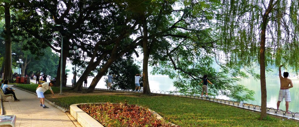 Early morning activities at Hoan Kiem Lake in Hanoi, Vietnam