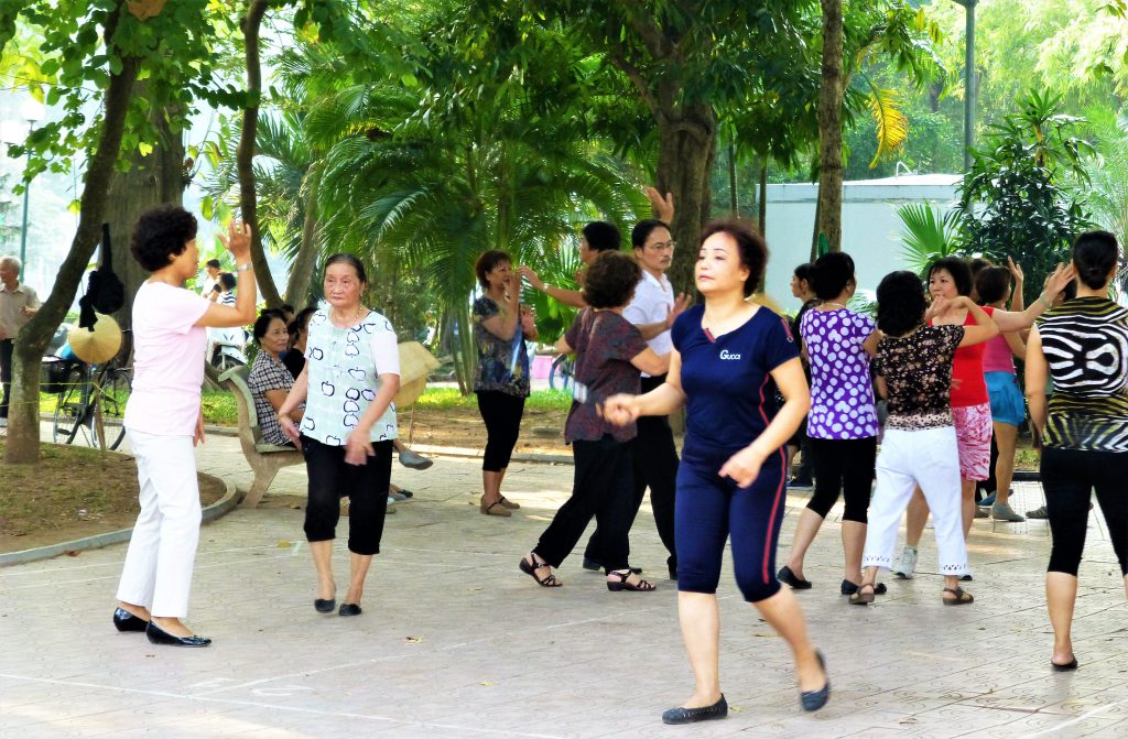 Early morning activities at Hoan Kiem Lake in Hanoi, Vietnam