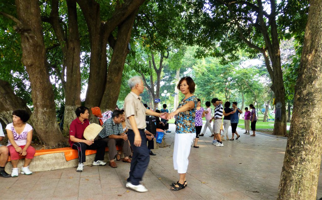 Early morning activities at Hoan Kiem Lake in Hanoi, Vietnam